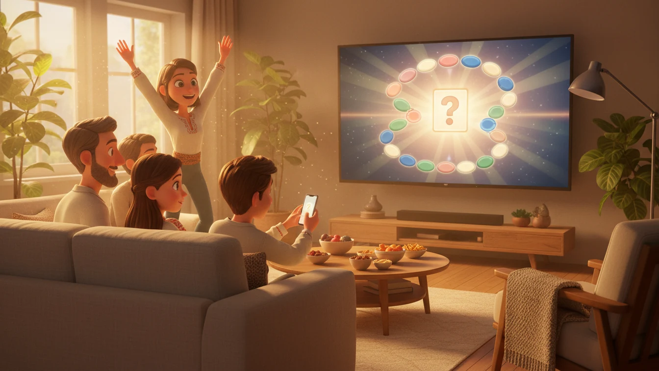 Eine Familie sitzt vor dem Fernseher und spielt „Die Reise“; einer hält das Handy in der Hand.
